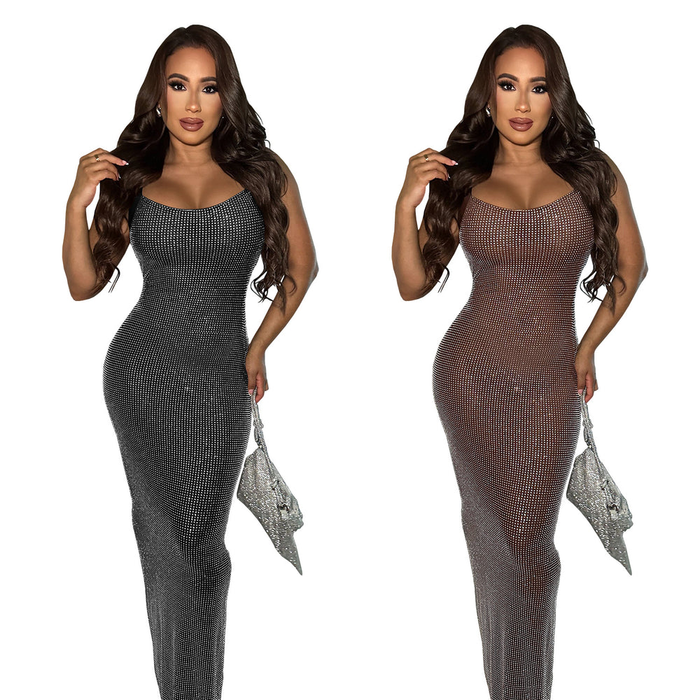 C7551 cross-border   fashion women's sexy mesh rhinestone arm cover backless dress