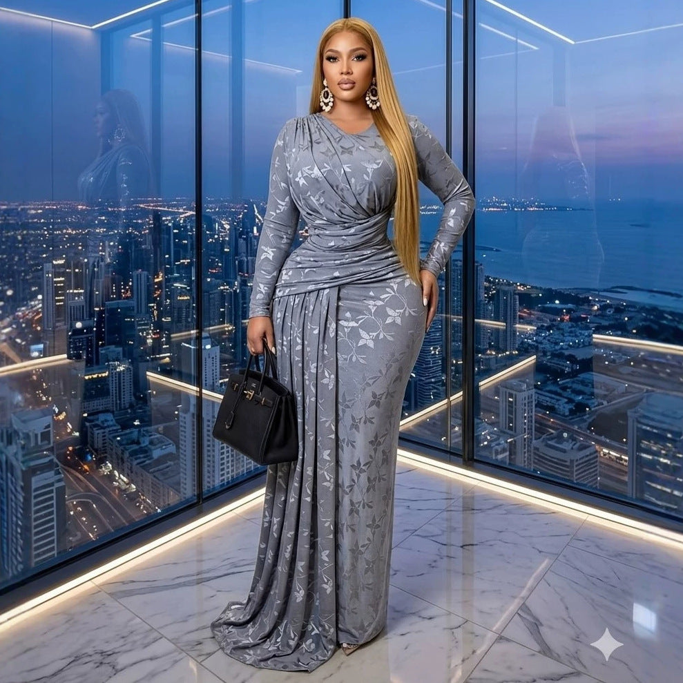 European and american cross-border women's clothing:  spring new arrival - elegant and chic ruched bodycon print midi dress