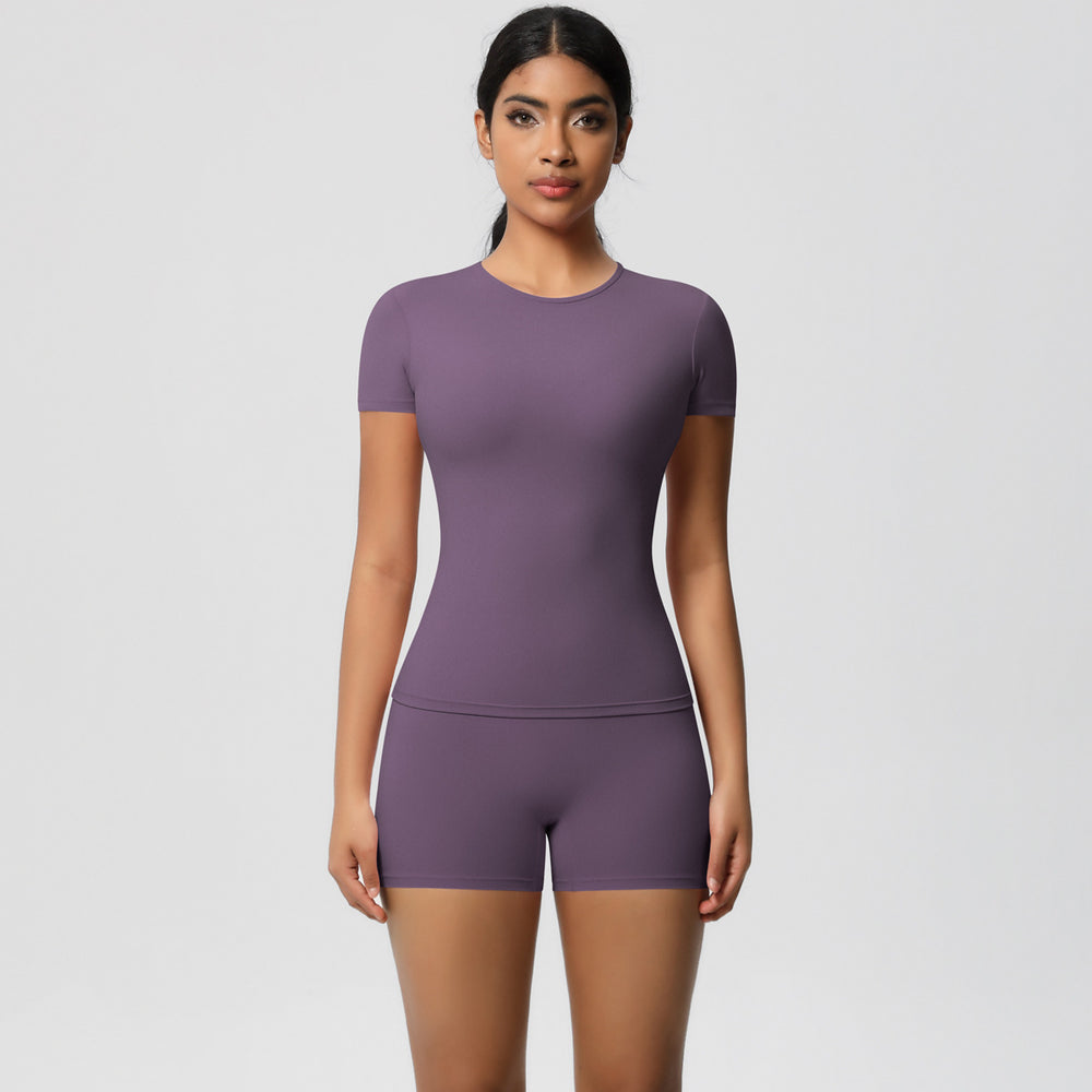 European and american nude feel tight-fitting short-sleeve t-shirt yoga outfit high-waisted butt-lifting quick-dry shorts running sports fitness set for women