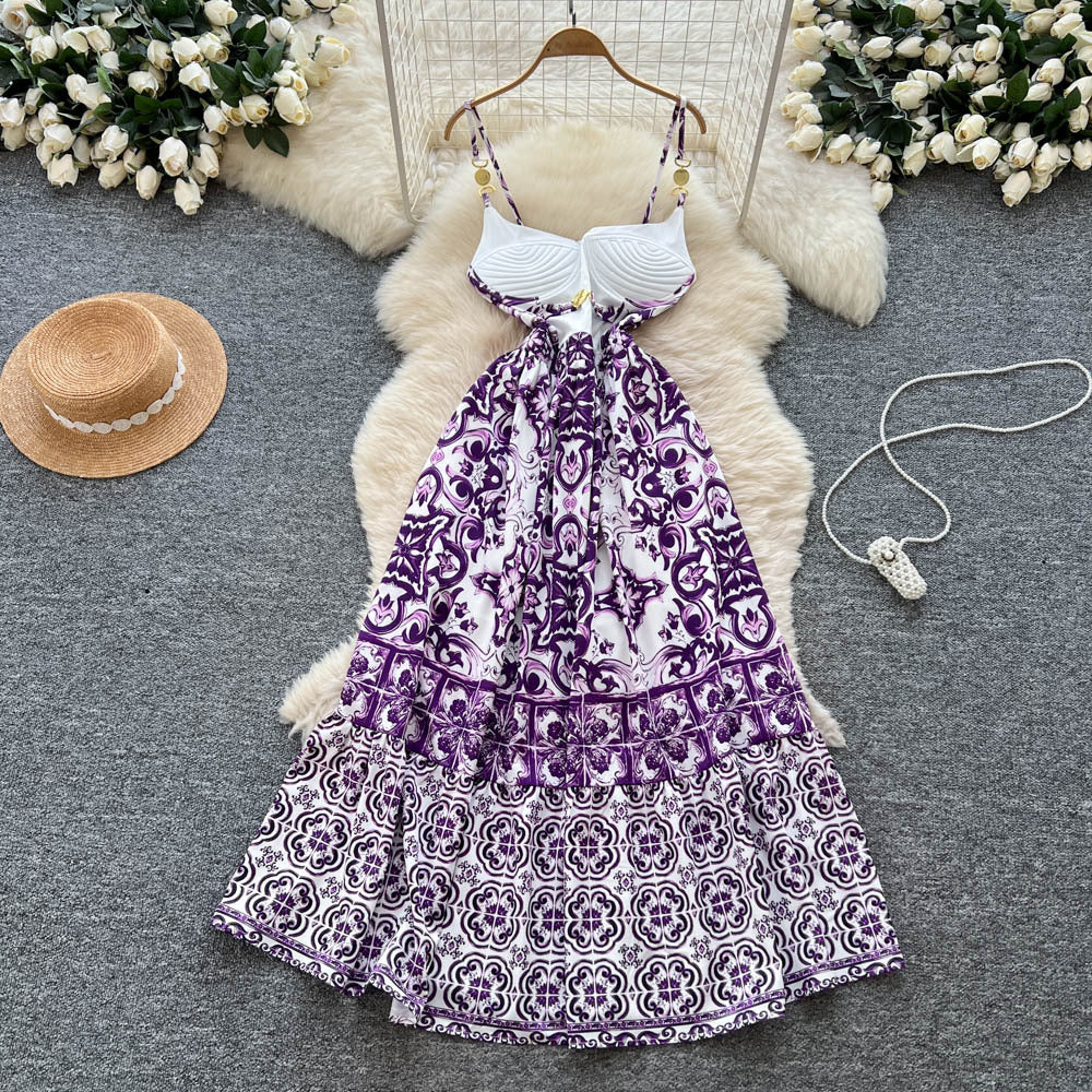 European and american fashion camisole dress for women, autumn , high-end, slimming, elegant, printed, flowy maxi dress