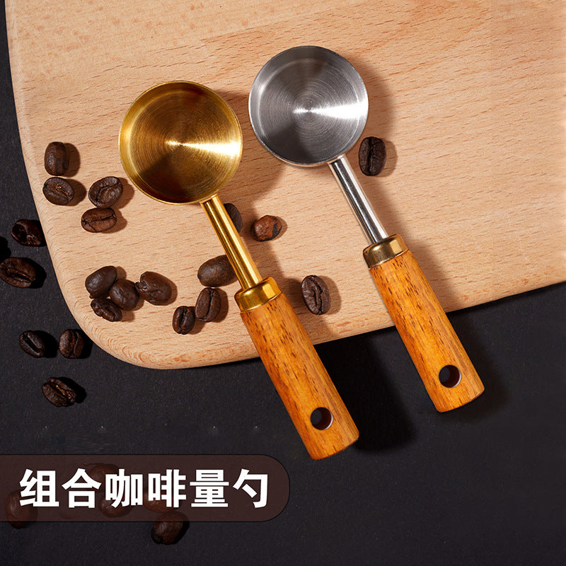 Italian wood coffee short handle measuring spoon solid wood handle stainless steel measuring spoon cross-border coffee mini spoon powder hammer