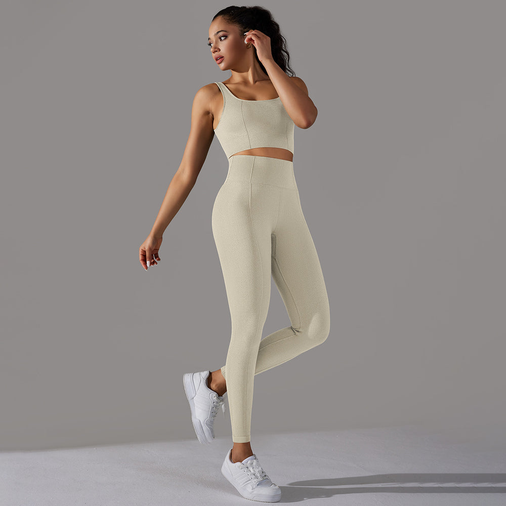 fashion seamless knittingpure color polka dot high elastic tight breathable yoga suit running fitness two-piece set