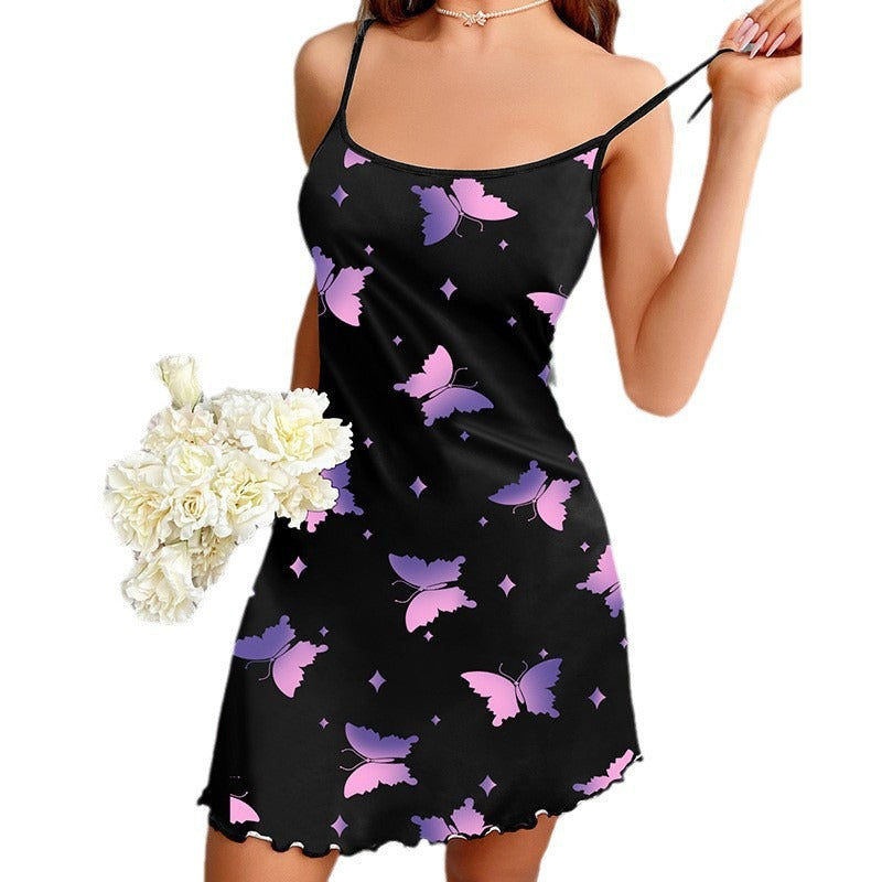 Spring/summer new arrivals: hot-selling cross-border  sexy french milk silk women's pajamas - butterfly tie sweet suspender nightgown