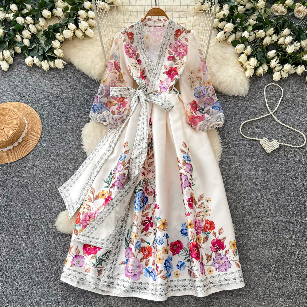Vintage court style v-neck lantern sleeve printed dress - women's summer tie-waist slimming maxi dress with elegant flare