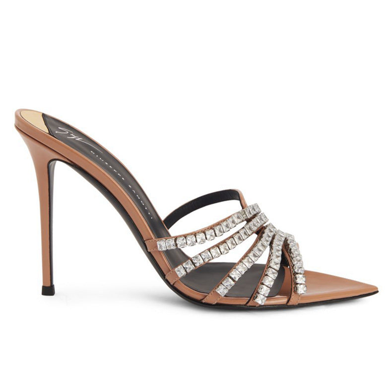 2026 new open-toe pointed-toe rhinestone high heel slippers, stiletto heel slip-on mules, european and american style cross-border rhinestone embellished