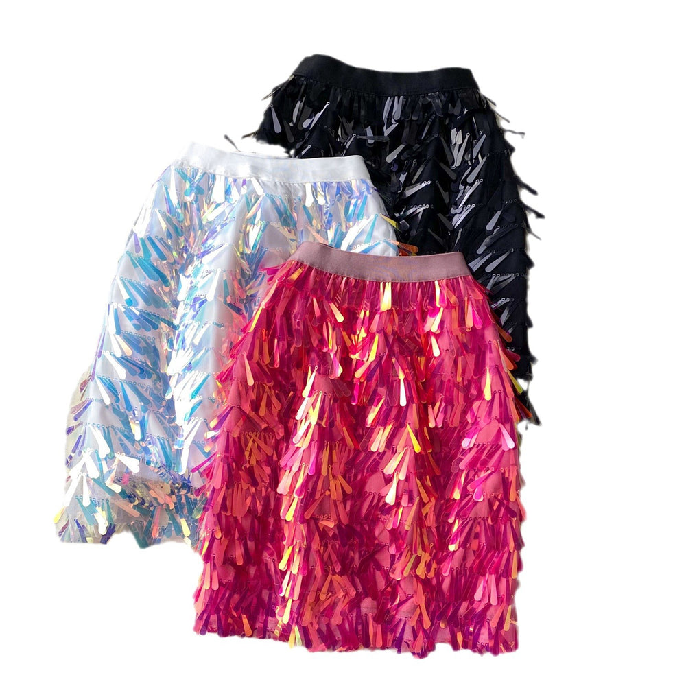 European and american style  summer new arrival: pure & sultry hot girl sexy versatile colorful sequin sparkly midi skirt with tassel detail