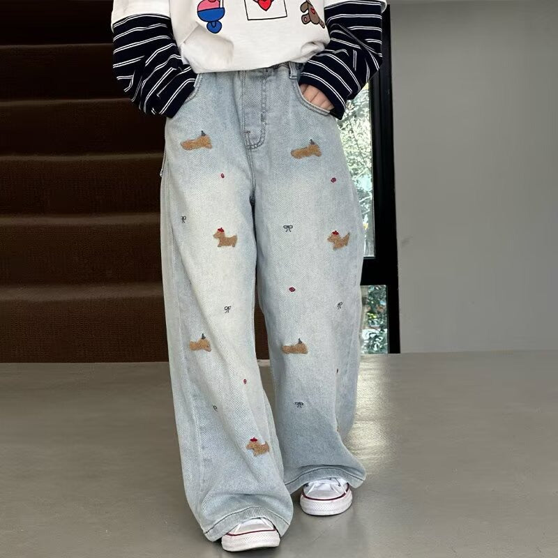 spring/autumn kids' casual fashion straight-leg jeans - girls' stylish dachshund 3d embroidered versatile denim pants