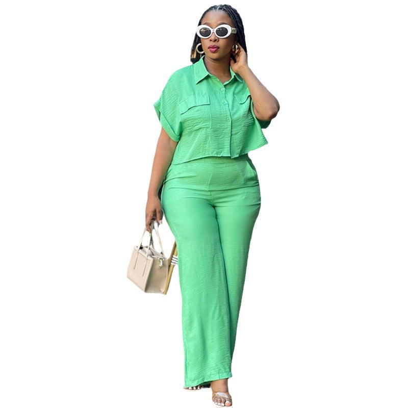 Ready-to-ship cross-border women's apparel for europe and the us:  summer new arrivals, solid color collared short-sleeve shirt and wide-leg pants casual set