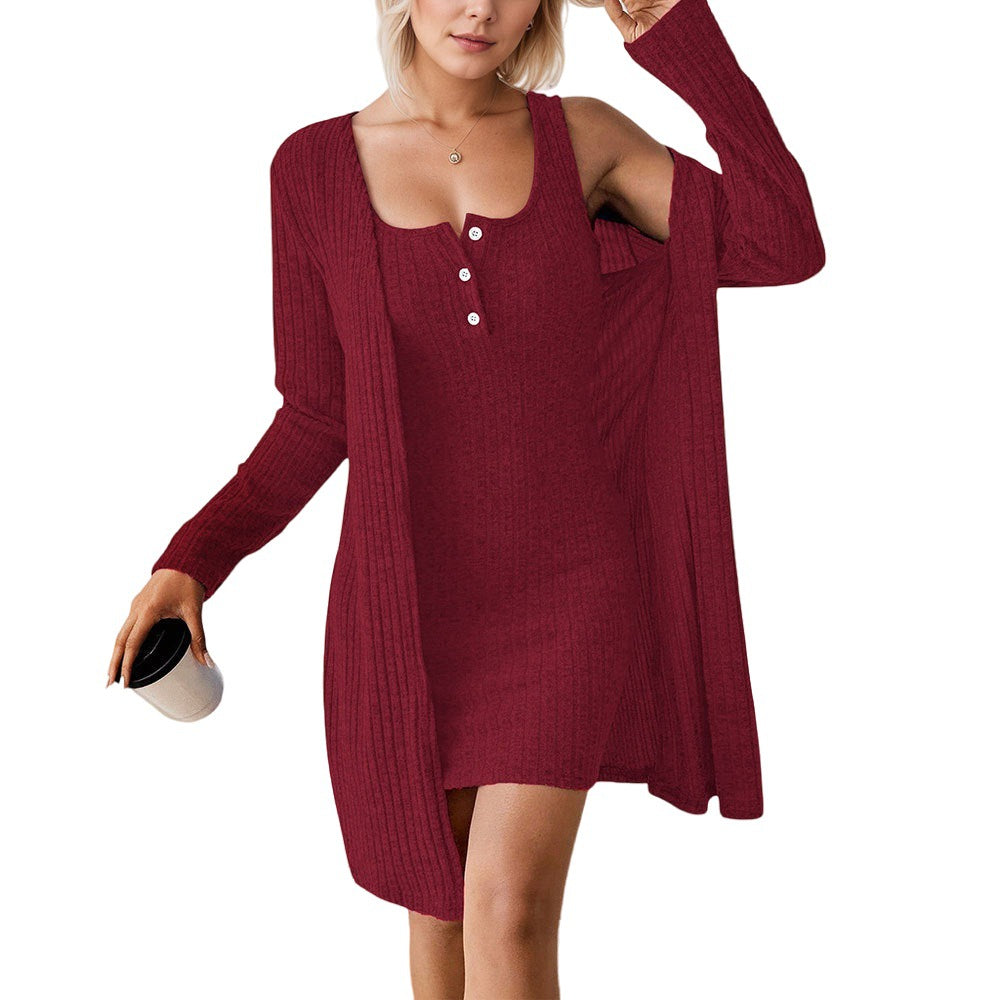 Cross-border TK explosive casual women's two-piece set, button black adjustment long-sleeved off-the-shoulder autumn home cardigan