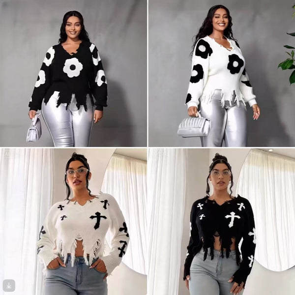 Independent Station European and American Cross Broken Fringed Sweater Cross-border Dark Long Sleeve Loose Pullover Knitted Sweater