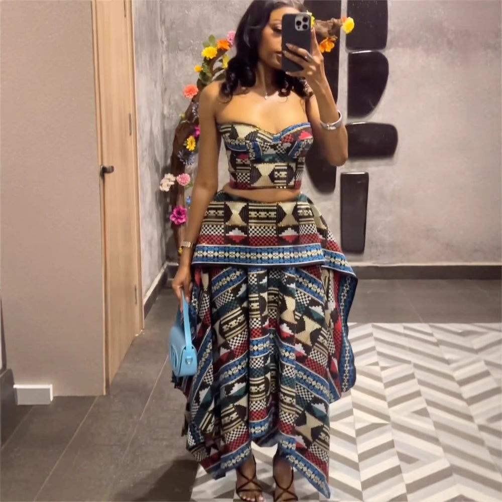 European and american cross-border women's fashion  summer new sexy chic printed bandeau top and asymmetrical midi skirt set