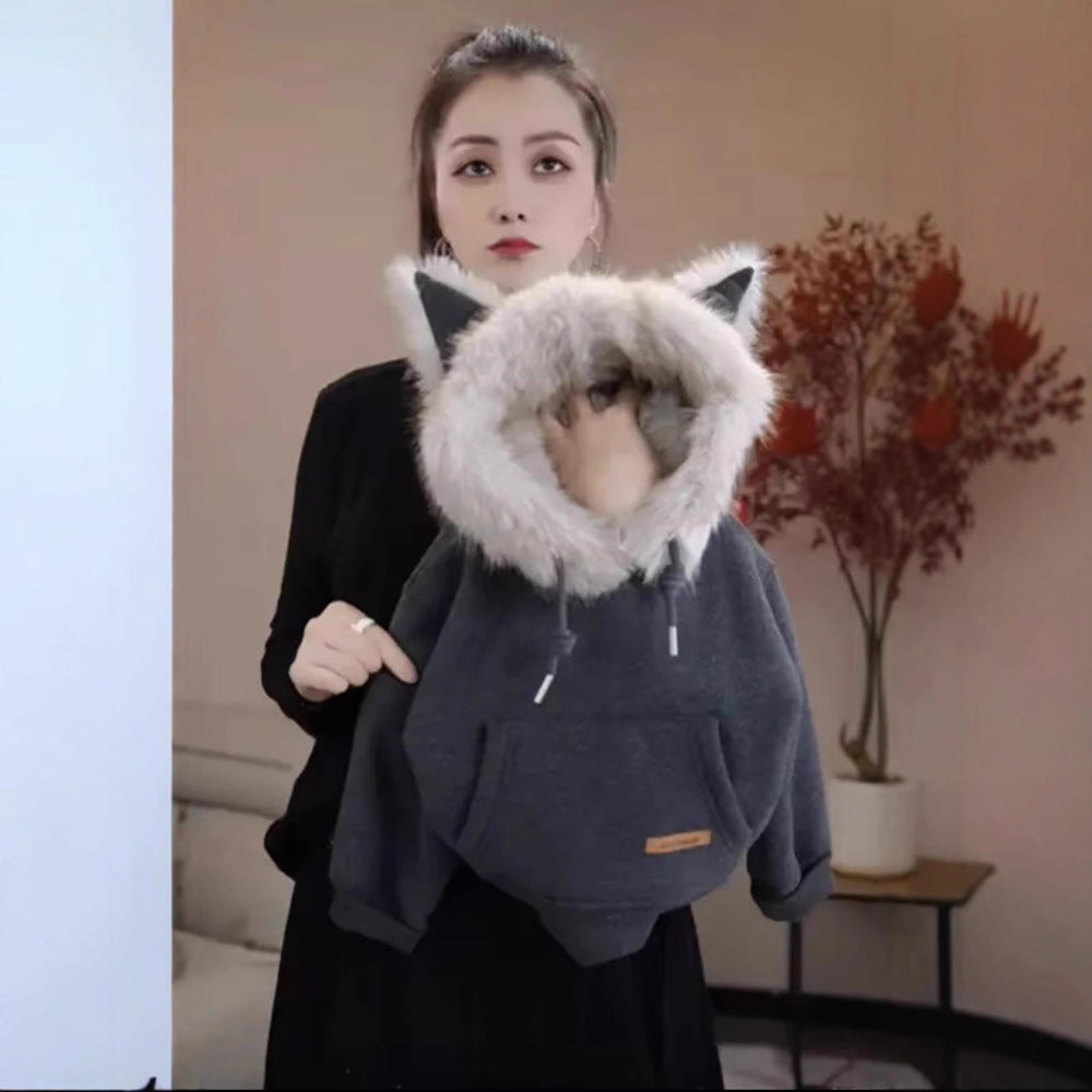 Processing personalized youthwinterfleece-linedthickened hooded sweatshirtgirltrendy fox style fur collar single tops