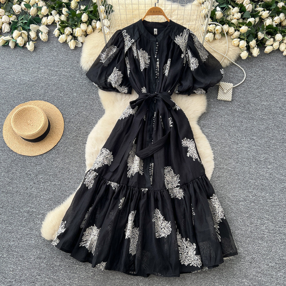 French romantic embroidered sequin puff sleeve dress - women's summer tie-waist slimming a-line elegant maxi dress