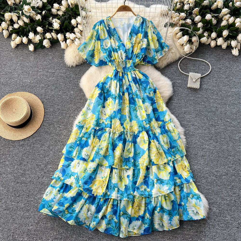 Frenchretrov neckruffle sleeve pleated floral dress women's summerhigh waistslimming look drape chiffon long skirt