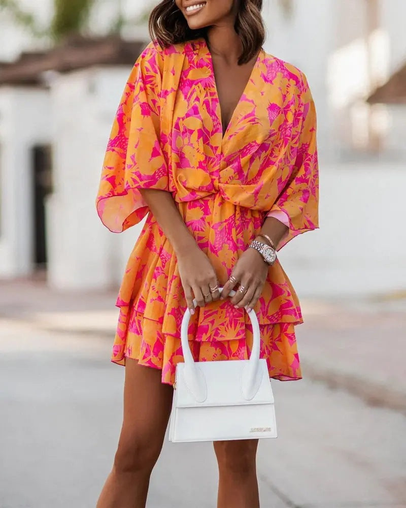 2023 new autumn v-neck loose batwing sleeve printed dress for women - perfect for independent stores, wish, and amazon