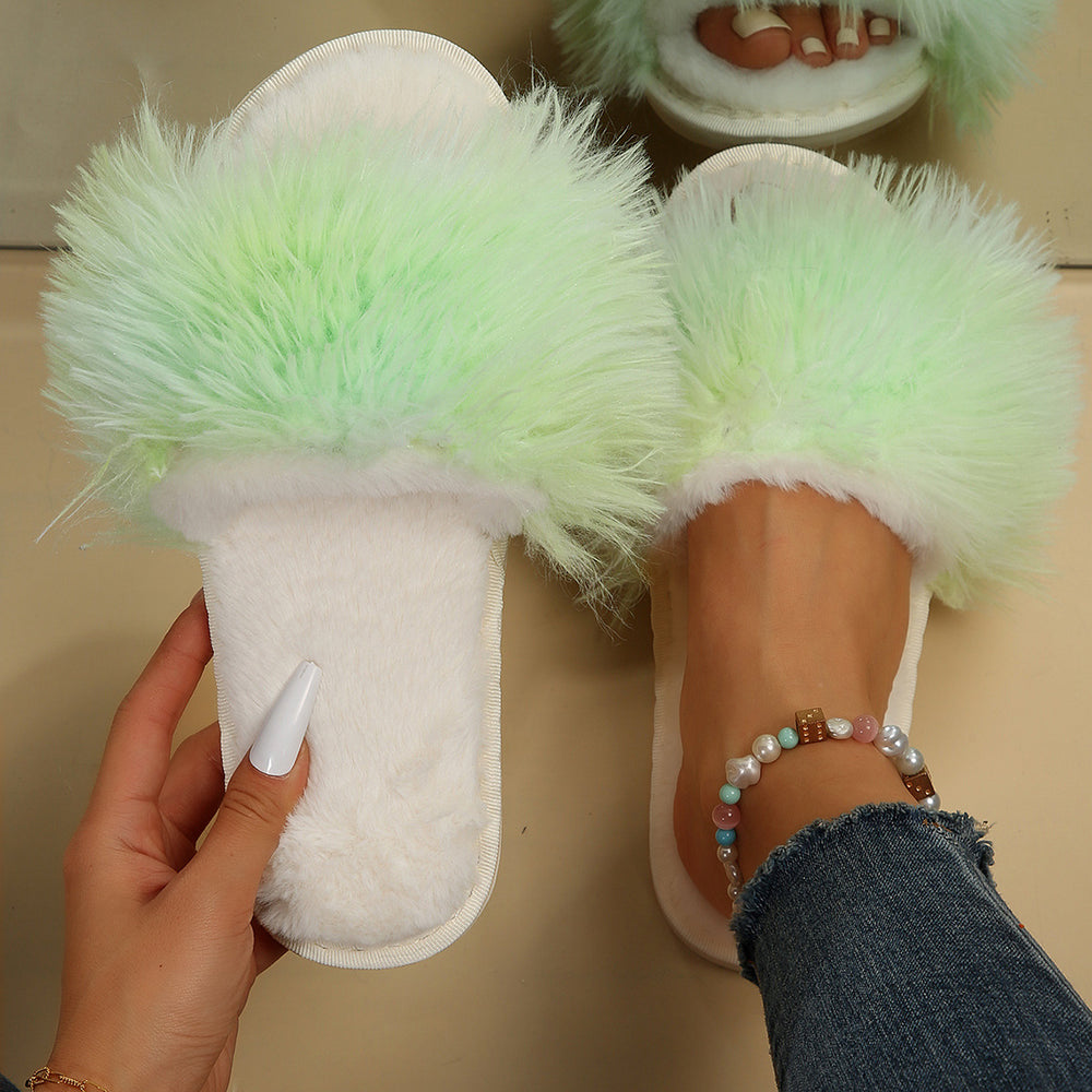 Cotton slippers for women, autumn and winter confinement, indoor home, fleece-linedheattech flip-flops, open long hair, thick sole fur shoes