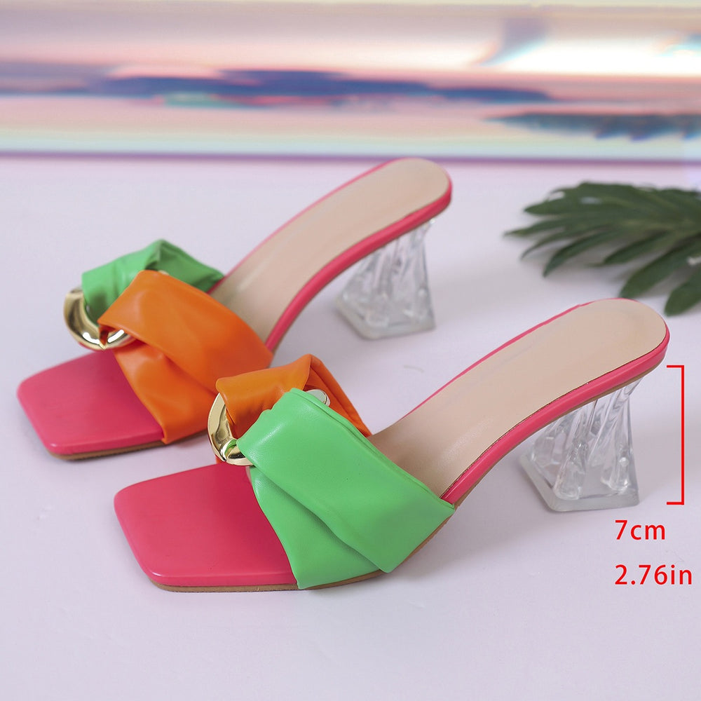 Crystal chunky heel slippers - women's  new summer collection - export fashion square toe color block thong sandals