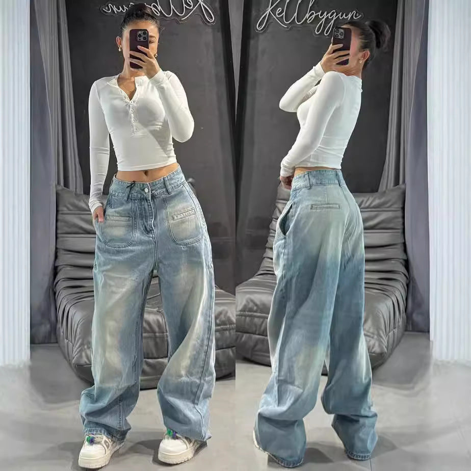 European and american style high-waisted straight-leg jeans -  cross-border women's fashion autumn trend tie-dye wide-leg pants