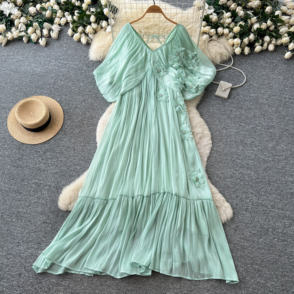 Vacation style stereo flower embroiderdress female summerv neck light mature style waist slimming look fairy draped long skirt
