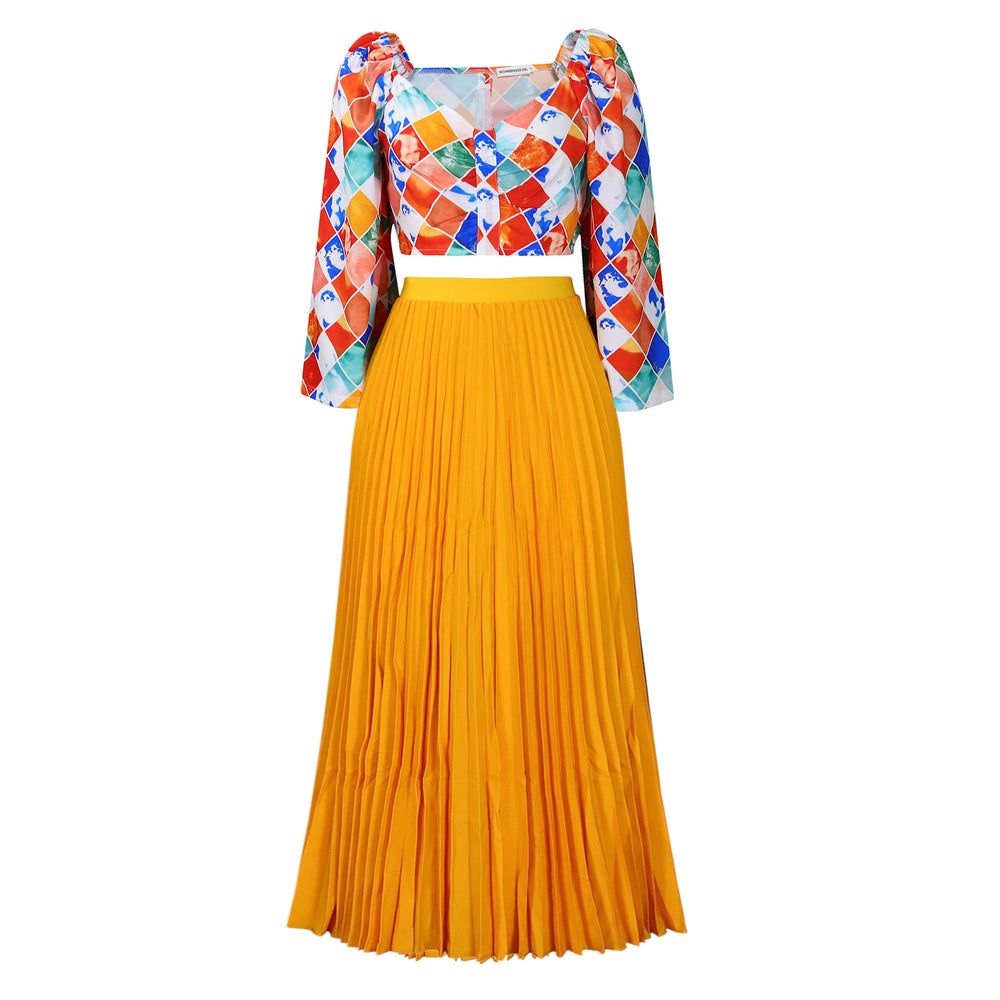 D3262 women's summer new arrival: fashionable v-neck printed top and pleated maxi skirt african two-piece set - cross-border outfit