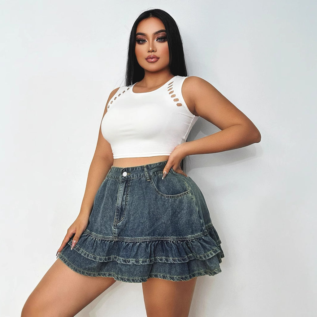 Cross-border ruffle edge a-word high-waisted denim skirt women's summer 2025 new Spice Girl fashion hip skirt