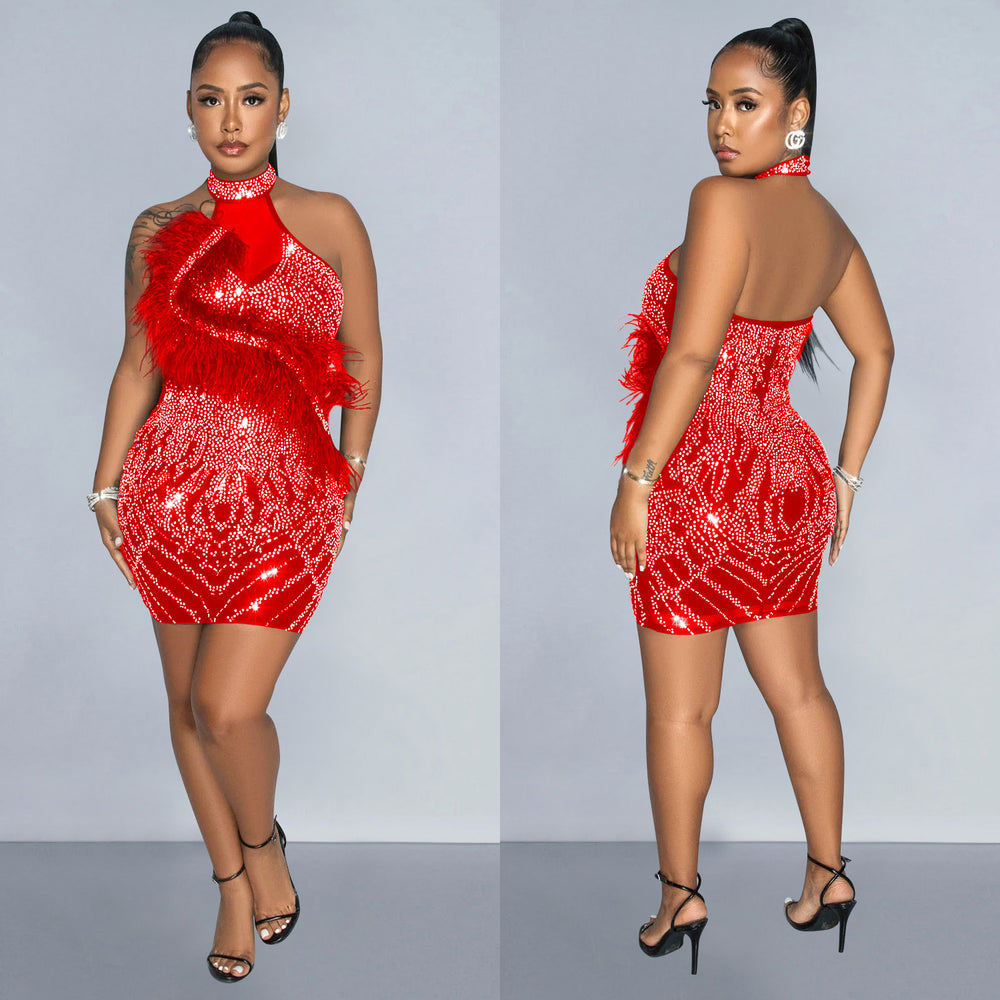 C6815 cross-border   fashion women's solid color mesh rhinestone feather mini dress
