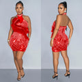 C6815 cross-border   fashion women's solid color mesh rhinestone feather mini dress
