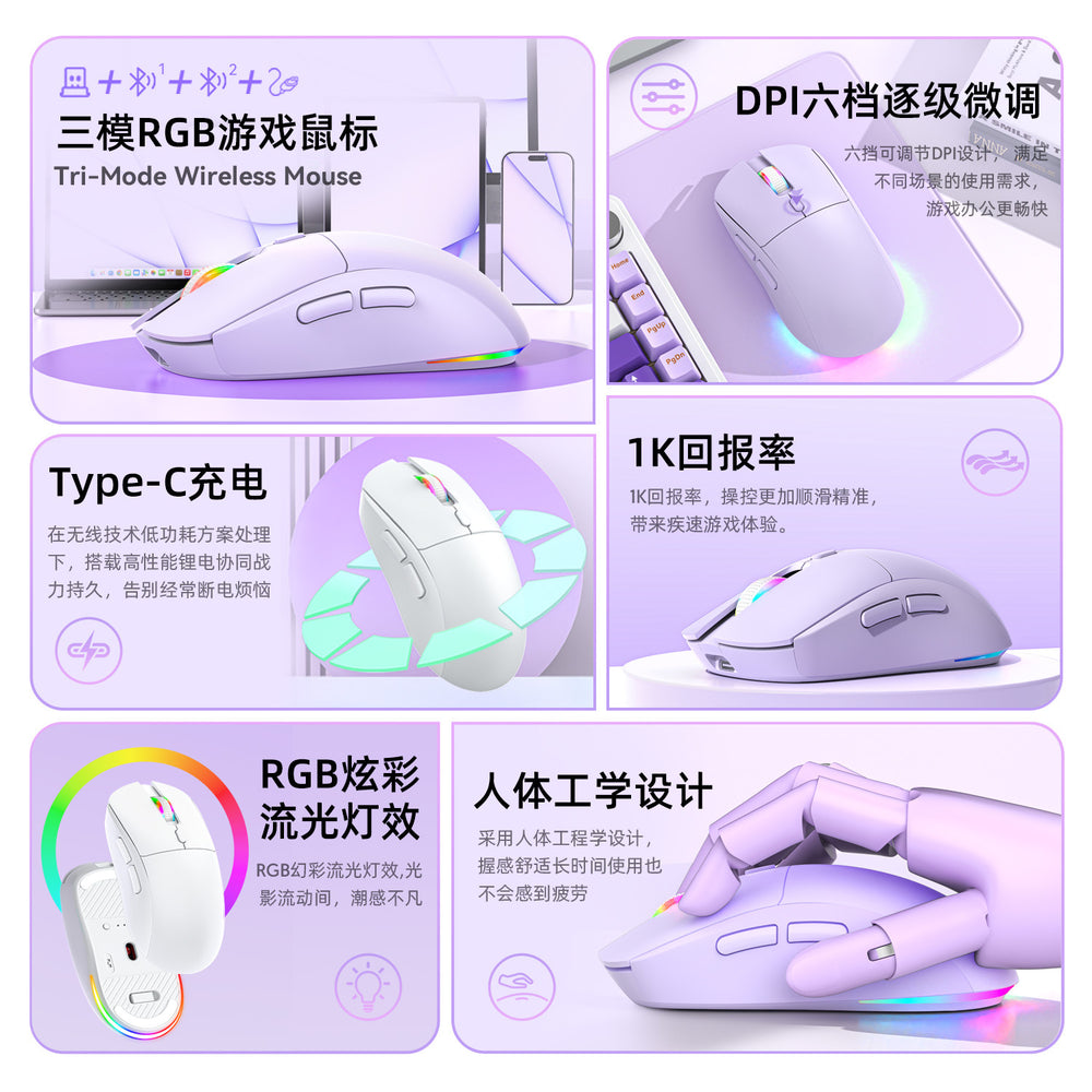 Longweishi r518 wireless bluetooth tri-mode gaming mouse - wired, 2.4g wireless, rechargeable, lightweight - perfect for esports and office use