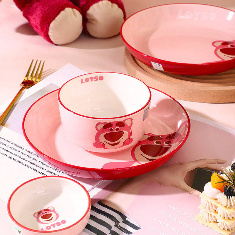 Cartoon Ceramic Bowl Premium Tableware Gift Box Gift High Value Bowl Plate Household Children's Rice Bowl Strawberry Bear Set