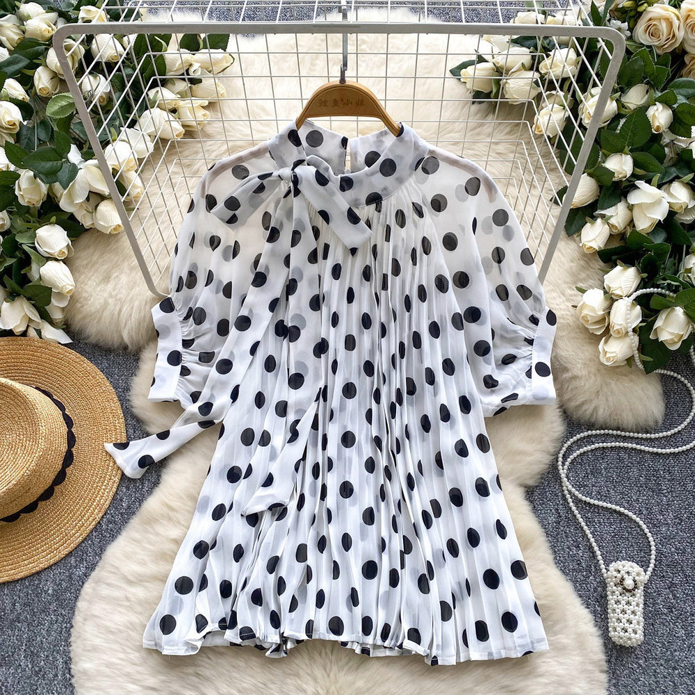 K-styleretro celebrity polka dotshirt women's summer tie loose slimming look design lightly mature queen eleganttops trendy