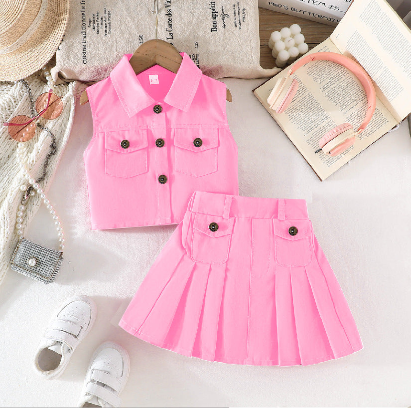 girls' european and american style solid color sleeveless denim top + summer pleated skirt two-piece set - direct from the manufacturer