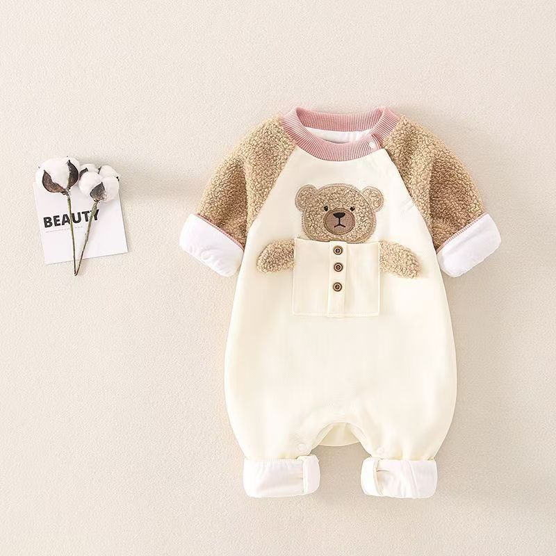 Baby pure cottonfleece-linedthickenedautumn winter onesie for going out and holding clothes for toddlers, cute super cute khakifashion crawling clothes
