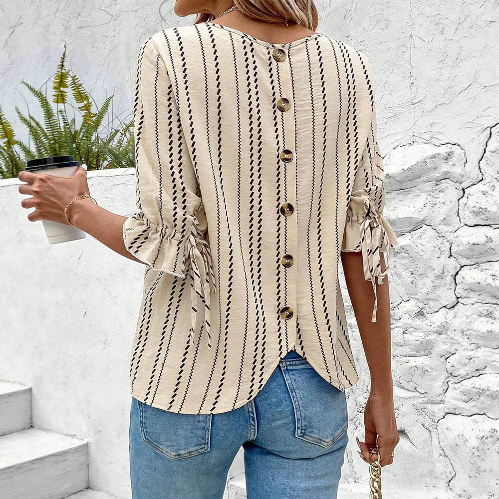 summer cross-border european and american women's textured striped top with single-row button-down back, tie-up detail, and ruffle sleeves - loose fit blouse