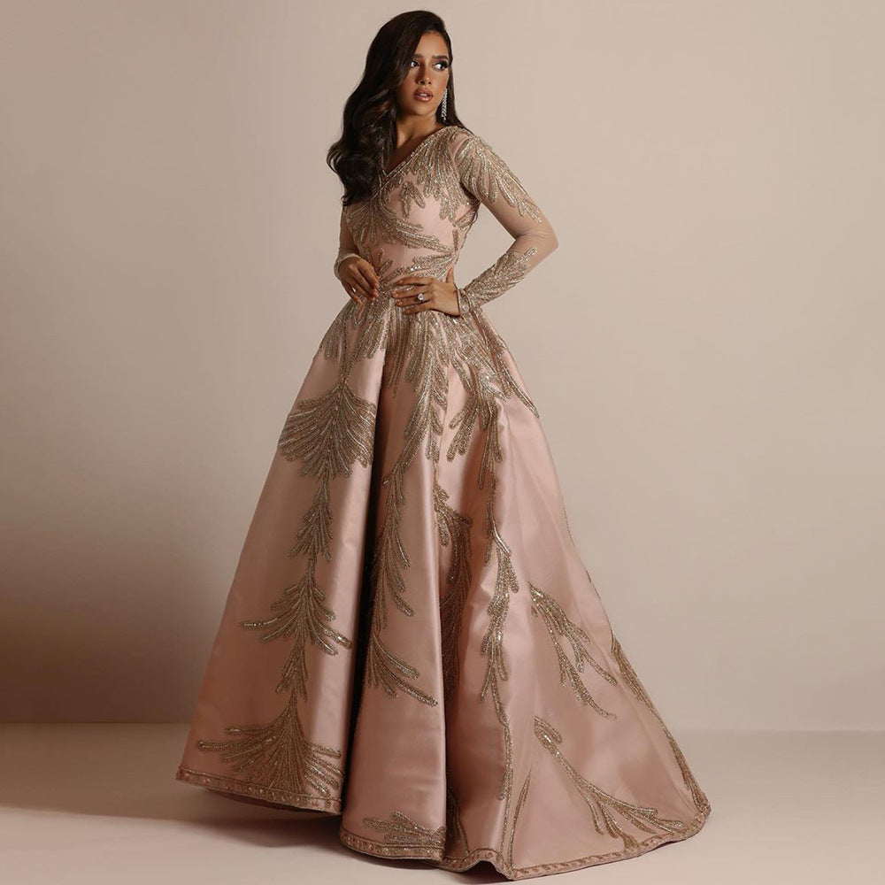 spring new arrivals: european and american style women's fashion - independent website hot stamping long sleeve maxi dress - sexy evening gown for banquets