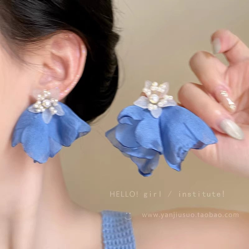Spring floral chiffon mesh blue flower earrings - ethereal, sweet, and dopamine-boosting studs for women