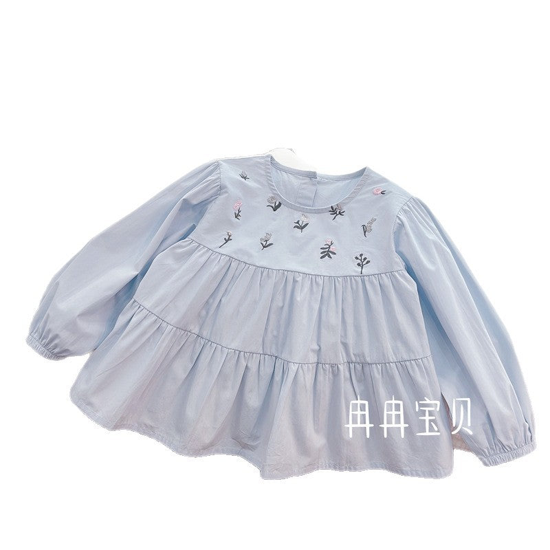 Girls' long-sleeve cotton blue embroidered floral shirt - new autumn  sweet french cartoon style