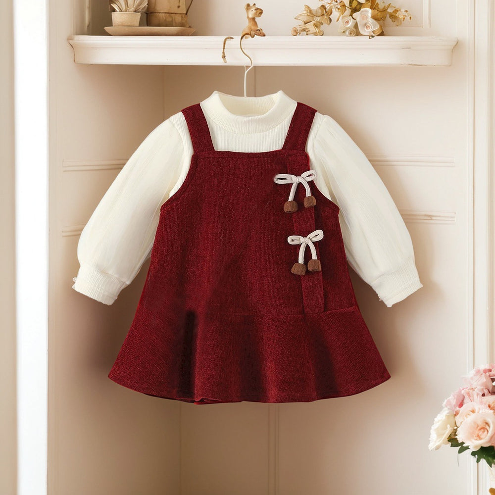 girls' autumn/winter thickened dress set - burgundy new year's outfit with bow for chinese new year celebrations