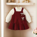 girls' autumn/winter thickened dress set - burgundy new year's outfit with bow for chinese new year celebrations