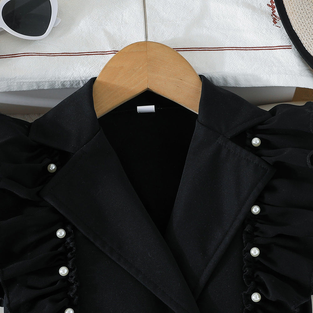 new girls' blazer collar ruffle trim dress - summer black double-breasted tie-waist dress