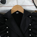 new girls' blazer collar ruffle trim dress - summer black double-breasted tie-waist dress