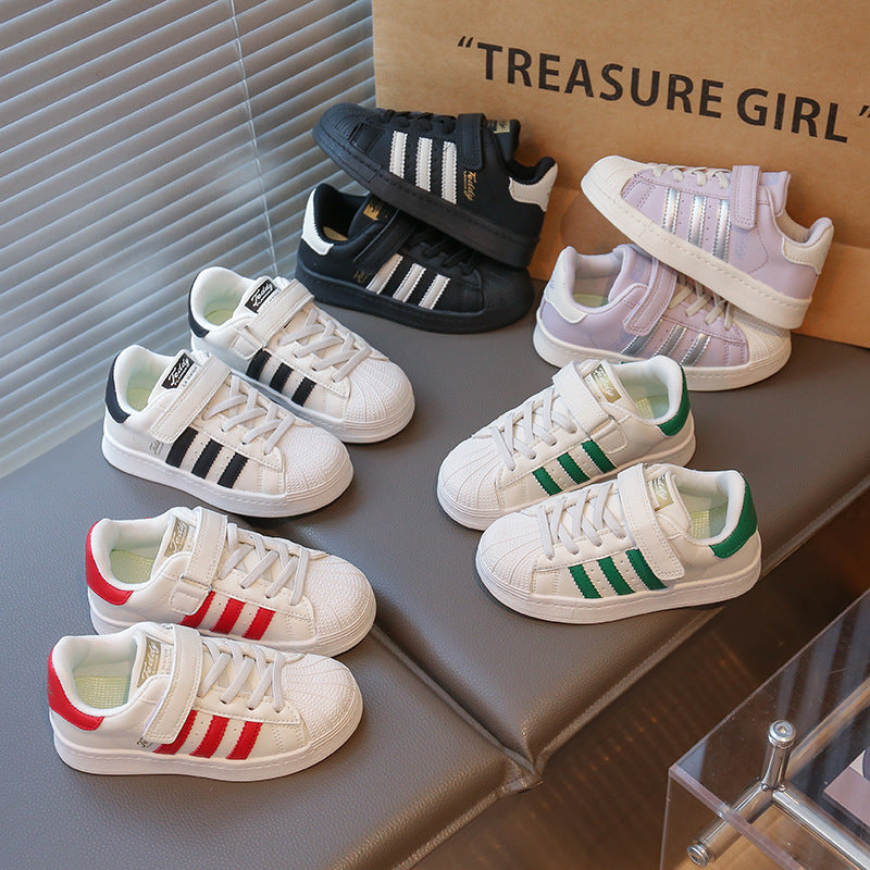 Sneakers with shell toe  spring and summer boys and girls leather patch bottom velcro small and medium-sized children's campus shoes patchwork style