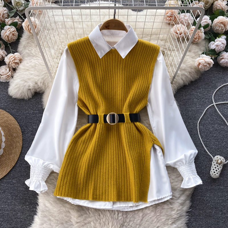 Luxury chic women's set: relaxed fit long sleeve white blouse top + slit knit vest two-piece fashion outfit
