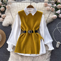 Luxury chic women's set: relaxed fit long sleeve white blouse top + slit knit vest two-piece fashion outfit