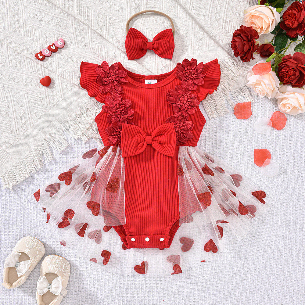 Baby girl party outfit cute ribbed knit & mesh romper with headband set