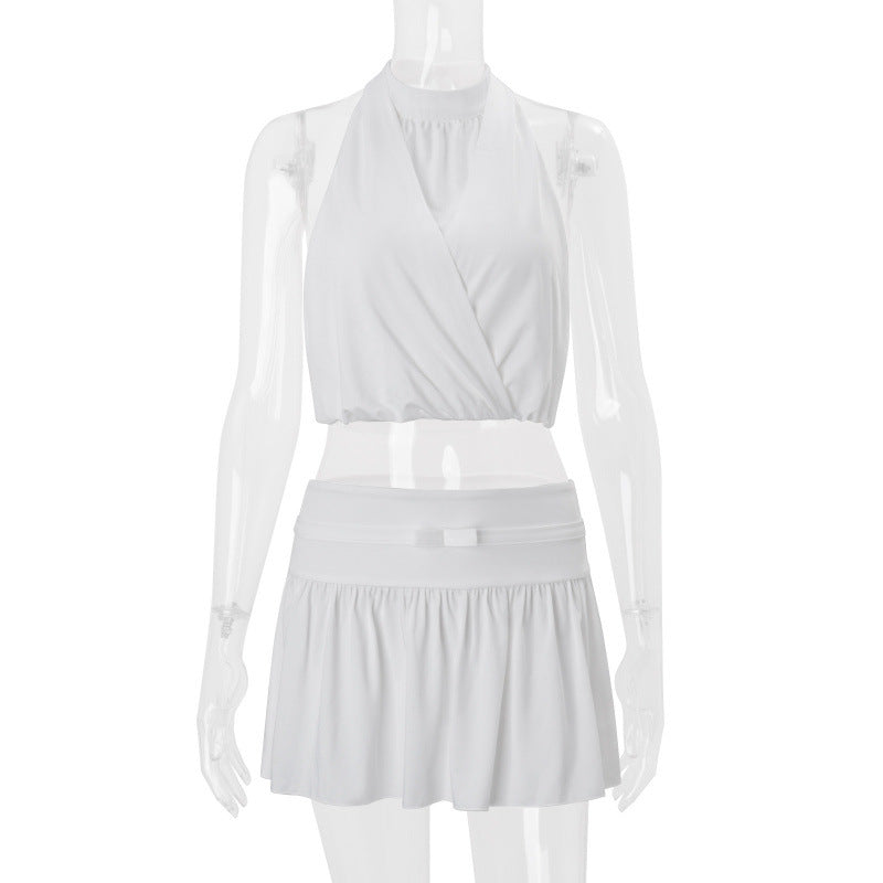 European and american style women's summer  new arrival: high neck sleeveless halter crop top with slim-fit a-line skirt set