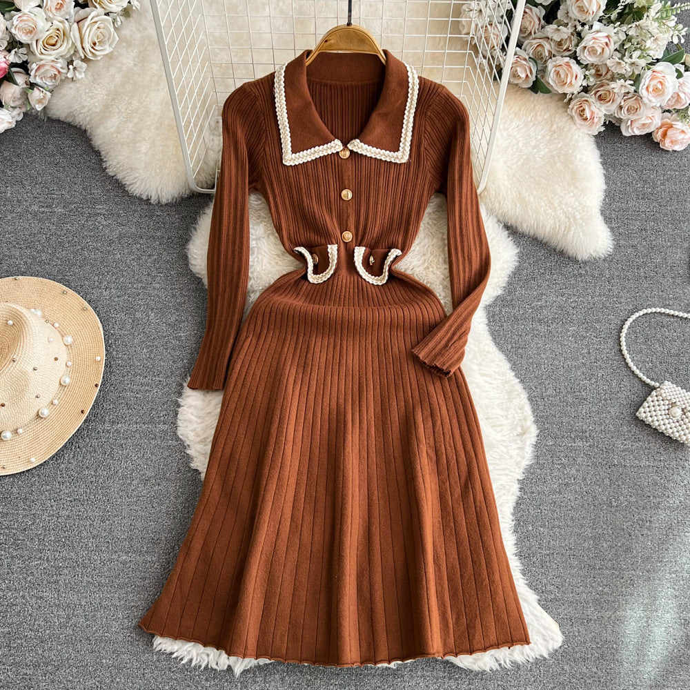 Xiaoxiangfeng socialite elegantcontrast colorlong sleeves doll collar waist slimming look longa line large hem knittingdress