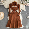Xiaoxiangfeng socialite elegantcontrast colorlong sleeves doll collar waist slimming look longa line large hem knittingdress