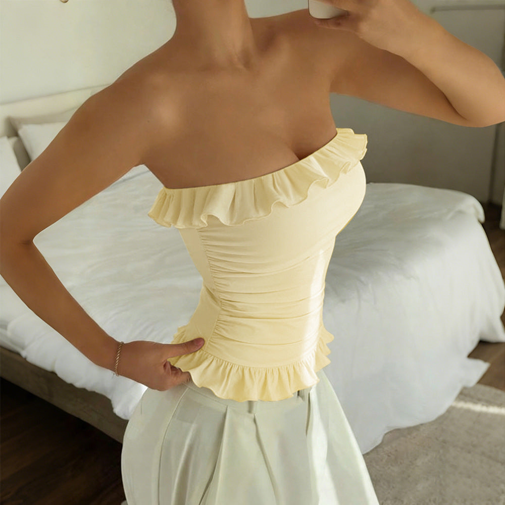 summer new arrival: cross-border women's clothing - sweet & sultry ruffle trim, cinched waist, sleeveless bandeau top with open back and short length