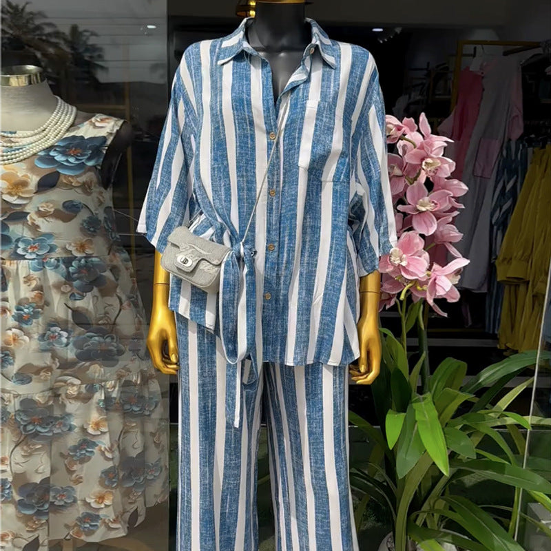 European and american cross-border women's fashion:  spring new collection - stylish blue tie-waist striped shirt and wide-leg pants set