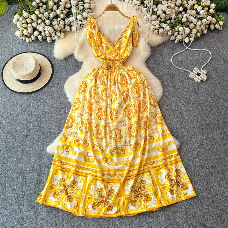 Frenchretrotie back suspender dresssummer women's sense of designniche style waist slimming look large swing floral long skirt